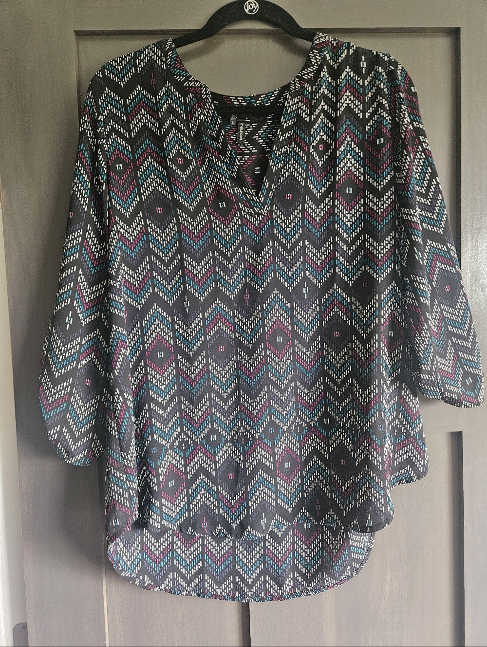 Maurices Black Chevron Geo Print Blouse with Pink and Teal Accents